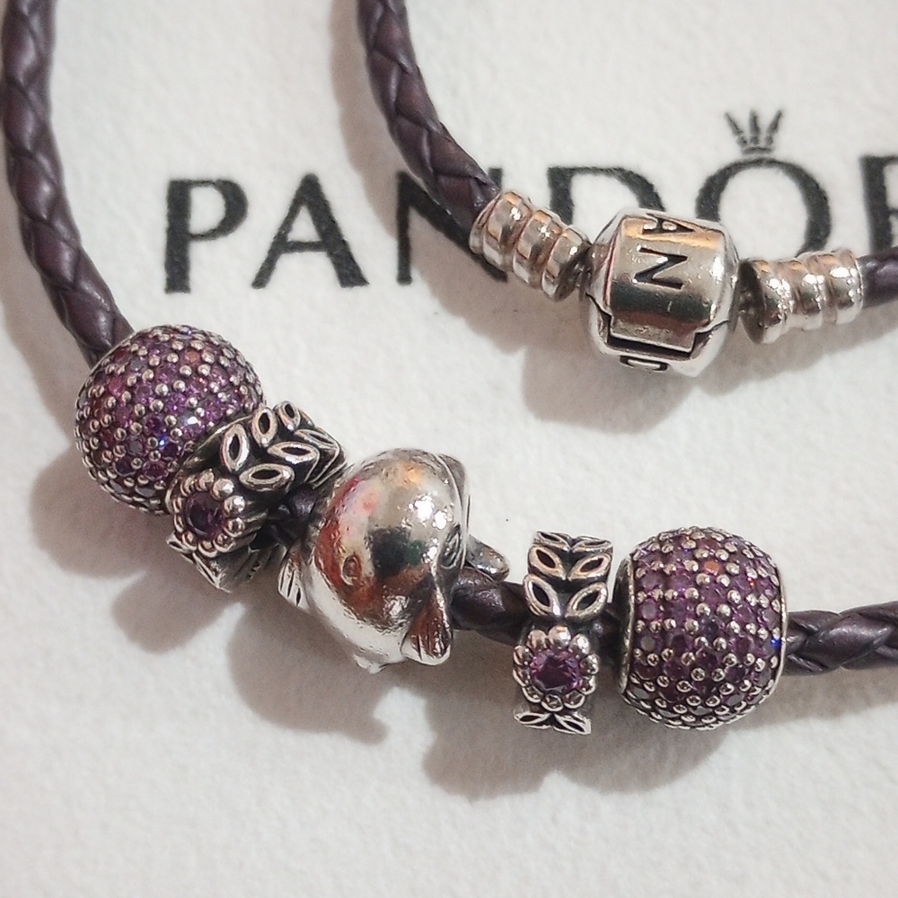 Pandora Purple Braided Bracelet with Five Authentic Pandora Charms - Picture 2 of 5